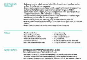 Sample Resume for Montessori assistant Teacher Montessori assistant Teacher Resume Example Living