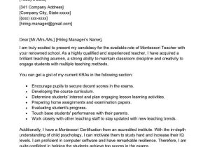 Sample Resume for Montessori Lead Teacher Montessori Teacher Cover Letter Examples – Qwikresume