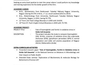 Sample Resume for Msc Biochemistry Freshers Msc Fresher Resume