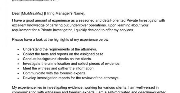 Sample Resume for Private Investigator with No Experience Private Investigator Cover Letter Examples – Qwikresume