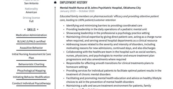 Sample Resume for Psychiatric Long Term Care Nurse Mental Health Nurse Resume & Guide  20 Free Templates