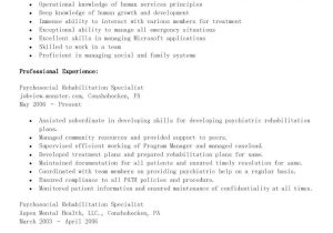 Sample Resume for Psychosocial Rehabilitation Specialist Sample Psychosocial Rehabilitation Specialist Resume Essay …