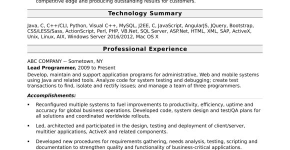 Sample Resume for Senior C Developer Programmer Resume Template Monster.com