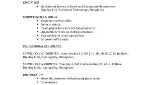 Sample Resume for Service Crew No Experience Resume Donna