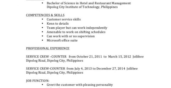 Sample Resume for Service Crew No Experience Resume Donna