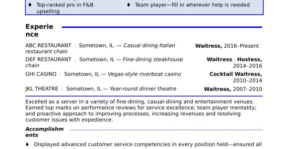 Sample Resume for Waitress with Experience Waitress Resume Monster.com