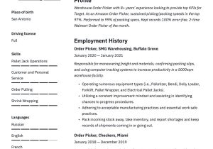 Sample Resume for Warehouse order Picker order Picker Resume & Guide 23 Examples Pdf & Word