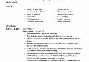 Sample Resume for Warehouse Picker Packer Picker Packer Resume Example Macys Warehouse tolleson