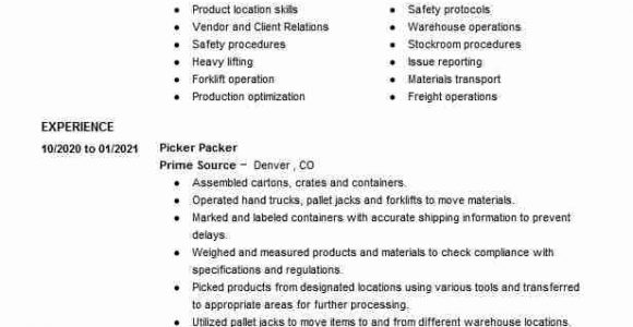 Sample Resume for Warehouse Picker Packer Picker Packer Resume Example Macys Warehouse tolleson