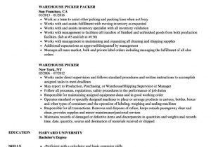 Sample Resume for Warehouse Picker Packer Warehouse Packaging Resume Resume Sample