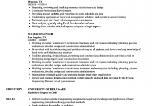 Sample Resume for Water Treatment Engineer Water Engineer Resume Samples