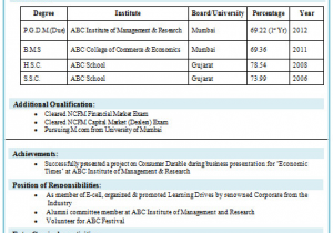 Sample Resume format for Mba Finance Freshers Over Cv and Resume Samples with Free Download Mba