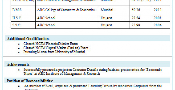 Sample Resume format for Mba Finance Freshers Over Cv and Resume Samples with Free Download Mba