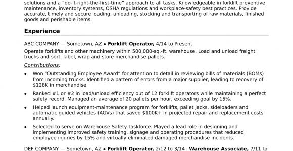Sample Resume Objectives for forklift Operator forklift Operator Resume Monster.com