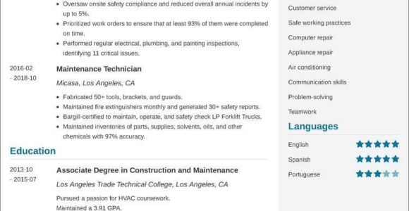 Sample Resume Objectives for Maintenance Position Maintenance Technician Resumeâsample, Objective & Skills