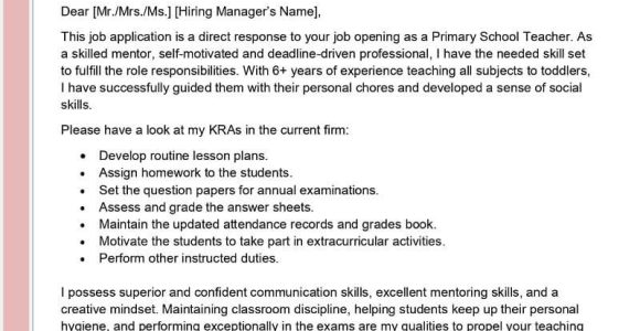 School Teacher Resume Cover Letter Sample Primary School Teacher Cover Letter Examples – Qwikresume