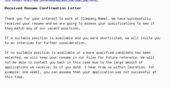 We Will Keep Your Resume On File Sample Letter Received Resume Confirmation Letter